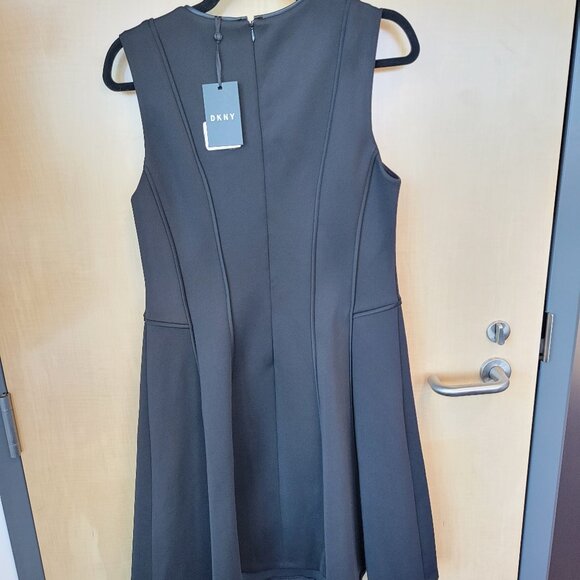 DKNY Sleeveless Scuba fit and flare Little Black Dress Faux Leather Trim - Picture 5 of 8